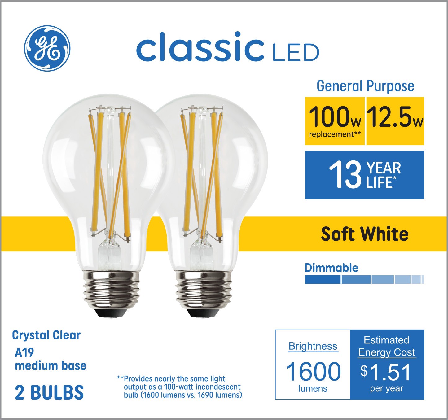 slide 1 of 6, GE 100 -Watt EQ A19 Soft white Dimmable LED General purpose Light Bulb 2 -Pack, 1 ct