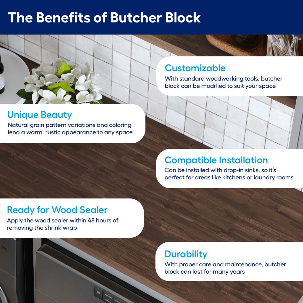 slide 2 of 6, allen + roth Natural grain 4-ft x 25-in x 1.5-in Espresso Stained Acacia Wood Butcher block Countertop, 1 ct