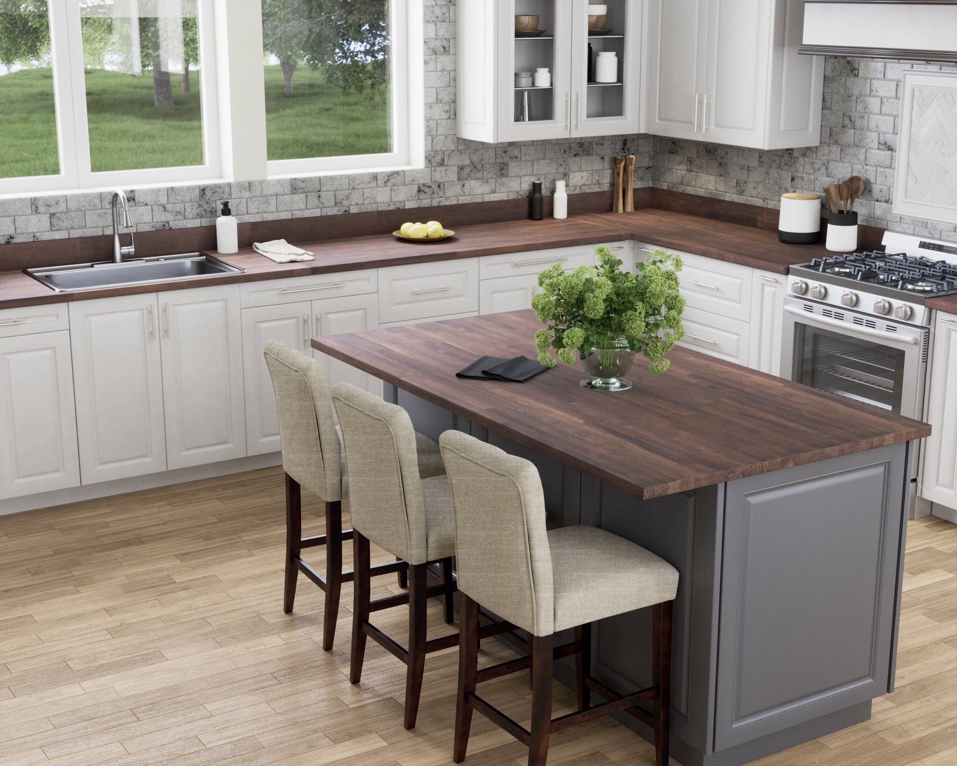 slide 5 of 6, allen + roth Natural grain 4-ft x 25-in x 1.5-in Espresso Stained Acacia Wood Butcher block Countertop, 1 ct