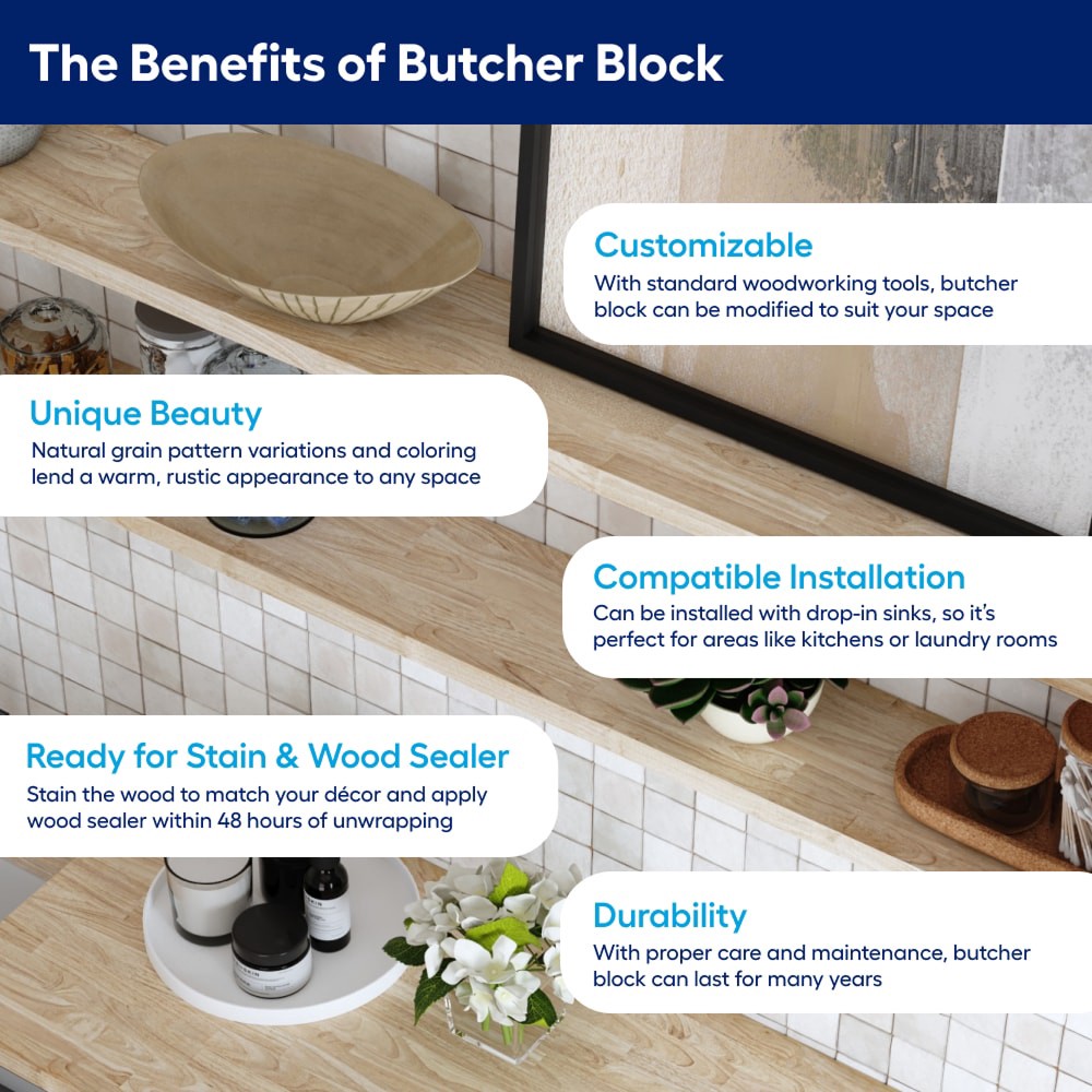 slide 2 of 6, allen + roth Natural grain 4-ft x 25-in x 1.5-in Finger-Jointed Hevea Wood Butcher block Countertop, 1 ct