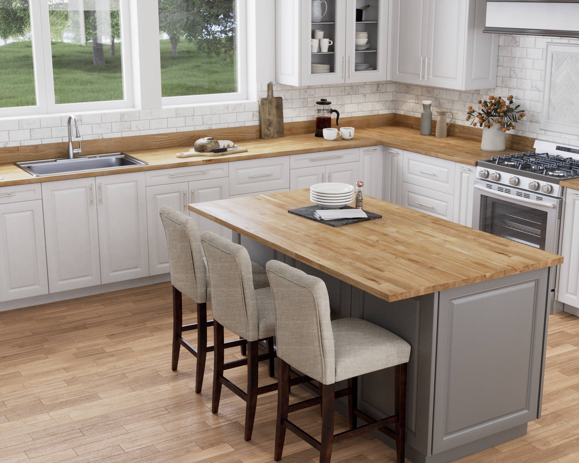 slide 5 of 6, allen + roth Natural grain 4-ft x 25-in x 1.5-in Finger-Jointed Hevea Wood Butcher block Countertop, 1 ct