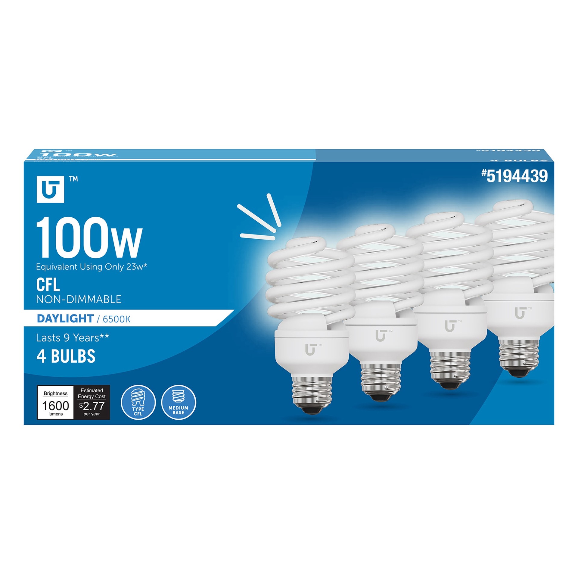 slide 1 of 6, Utilitech 100 -Watt EQ Daylight Medium base (E-26) CFL General purpose Light Bulb 4 -Pack, 1 ct