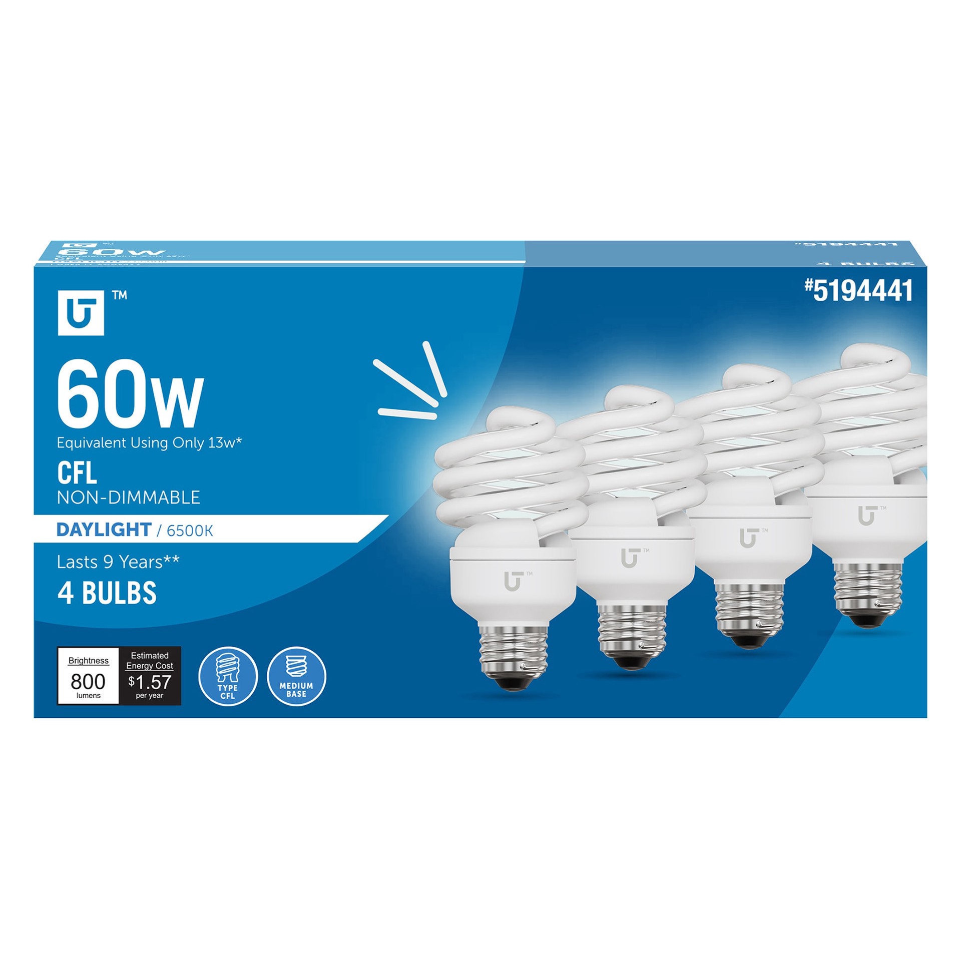 slide 1 of 6, Utilitech 60 -Watt EQ Daylight Medium base (E-26) CFL General purpose Light Bulb 4 -Pack, 1 ct