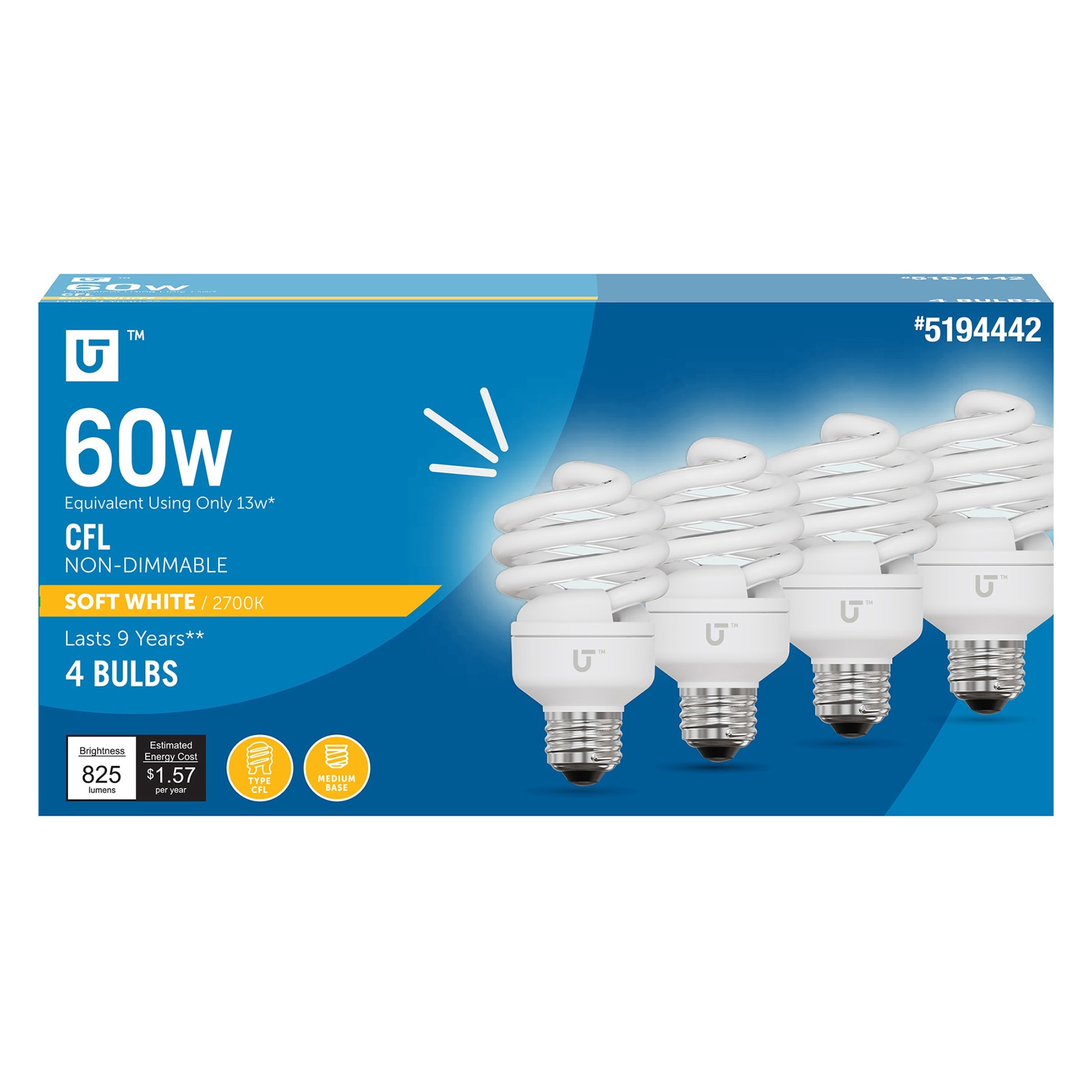 slide 1 of 6, Utilitech 60 -Watt EQ Soft white Medium base (E-26) CFL General purpose Light Bulb 4 -Pack, 1 ct