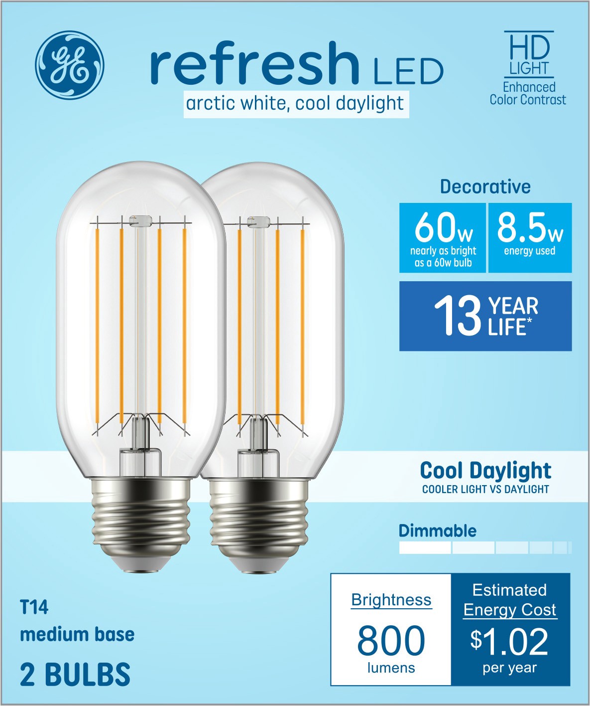 slide 1 of 6, GE 60 -Watt EQ T14 Cool daylight Medium base (E-26) Dimmable LED Decorative Light Bulb 2 -Pack, 1 ct
