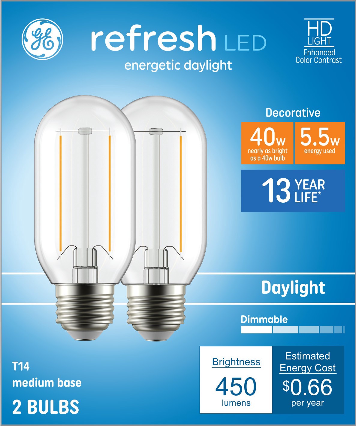 slide 1 of 6, GE 40 -Watt EQ T14 Daylight Medium base (E-26) Dimmable LED Decorative Light Bulb 2 -Pack, 1 ct