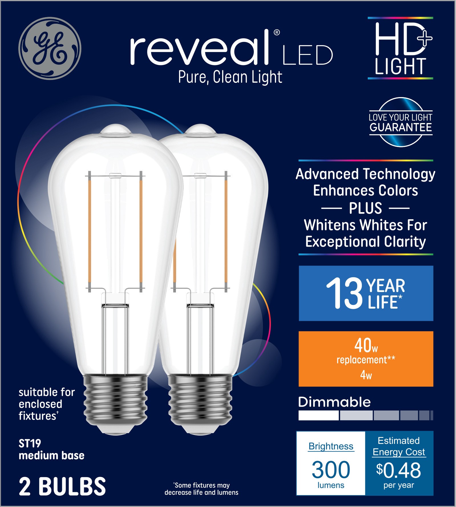 slide 1 of 6, GE 40 -Watt EQ ST19 Color-enhancing Medium base (E-26) Dimmable LED Decorative Light Bulb 2 -Pack, 1 ct