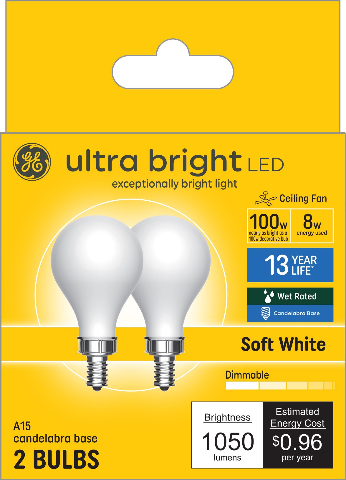slide 1 of 6, GE Ultra Bright 100 -Watt EQ A15 Soft white Candelabra base (E-12) Dimmable LED General purpose Light Bulb 2 -Pack, 1 ct