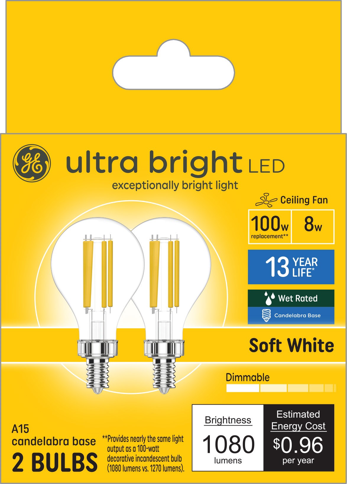 slide 1 of 6, GE 100 -Watt EQ A15 Soft white Candelabra base (E-12) Dimmable LED Specialty Light Bulb 2 -Pack, 1 ct