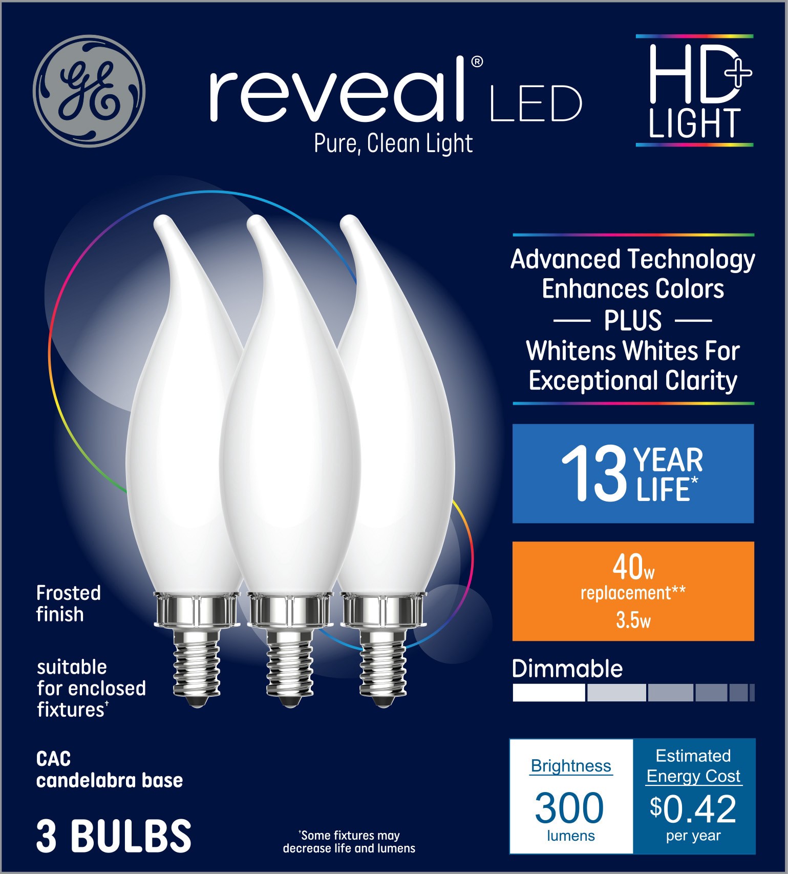 slide 1 of 6, GE 40 -Watt EQ CA11 Color-enhancing Candelabra base (E-12) Dimmable LED Decorative Light Bulb 3 -Pack, 1 ct