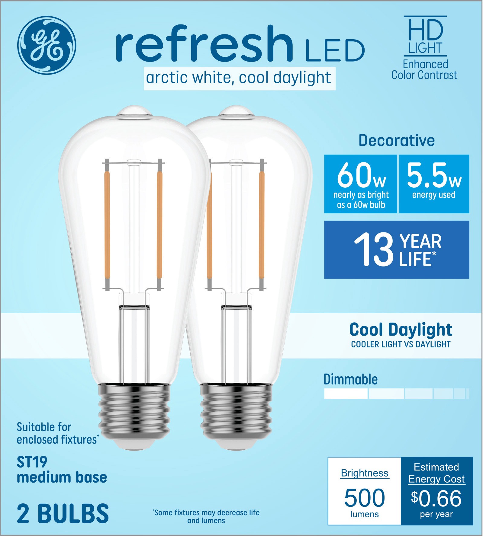 slide 1 of 6, GE Refresh HD 60 -Watt EQ ST19 Cool daylight Medium base (E-26) Dimmable LED Decorative Light Bulb 2 -Pack, 1 ct