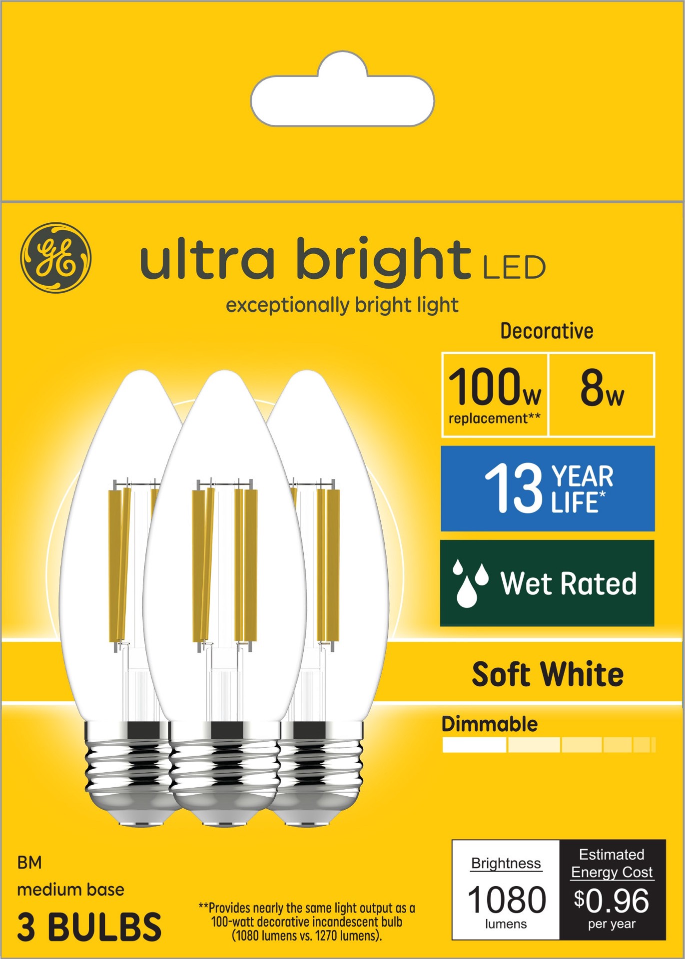 slide 1 of 6, GE 100 -Watt EQ B12 Soft white Medium base (E-26) Dimmable LED Decorative Light Bulb 3 -Pack, 1 ct