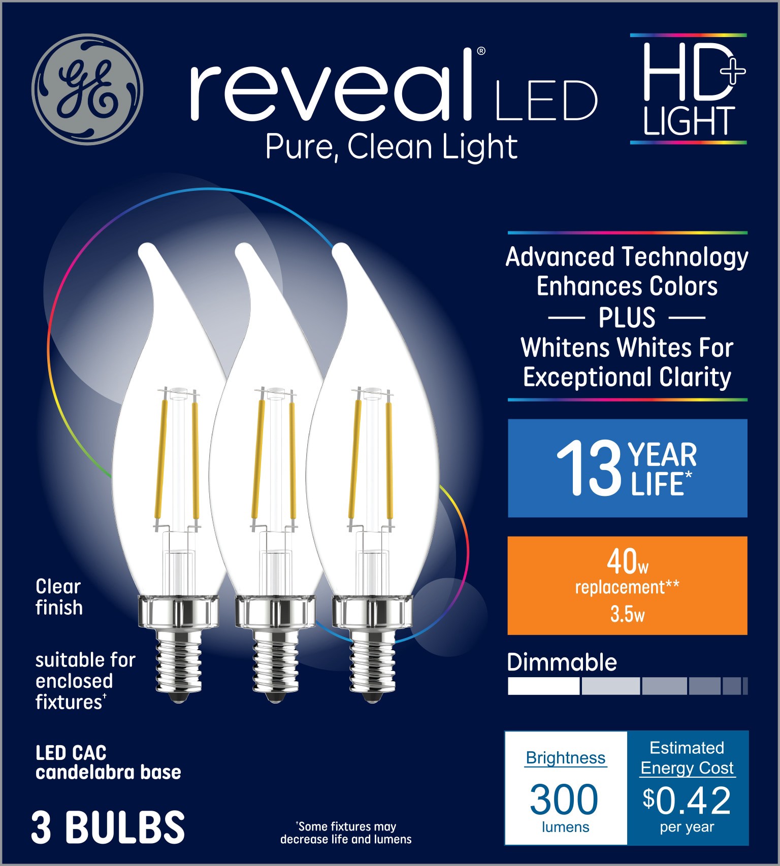 slide 1 of 6, GE Reveal HD 40 -Watt EQ CA11 Color-enhancing Candelabra base (E-12) Dimmable LED Decorative Light Bulb 3 -Pack, 1 ct