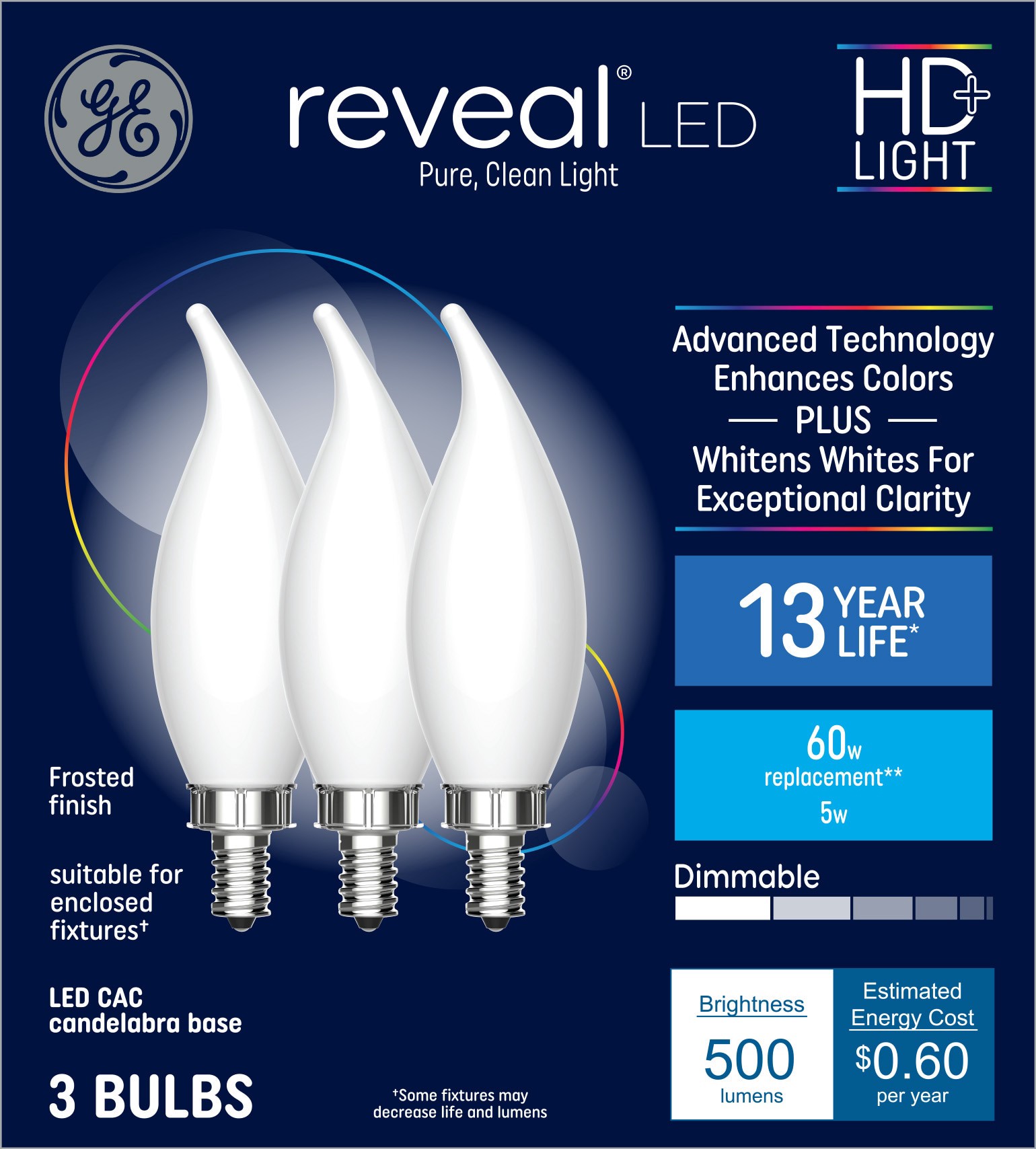 slide 1 of 6, GE Reveal 60 -Watt EQ CA11 Color-enhancing Candelabra base (E-12) Dimmable LED Decorative Light Bulb 3 -Pack, 1 ct