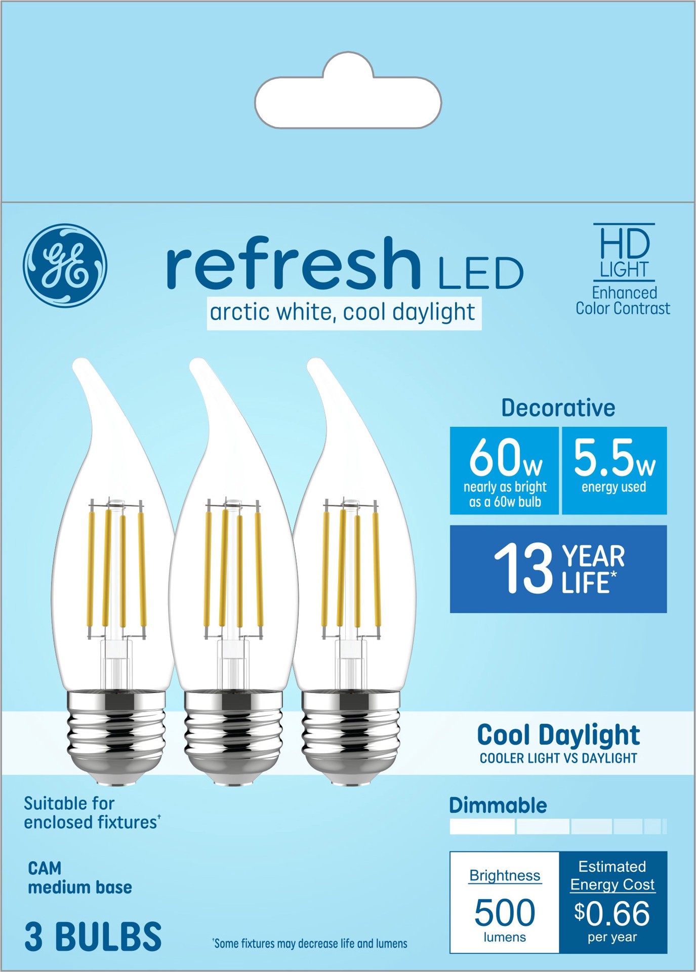 slide 1 of 6, GE 60 -Watt EQ CAM Cool daylight Dimmable LED Decorative Light Bulb 3 -Pack, 1 ct