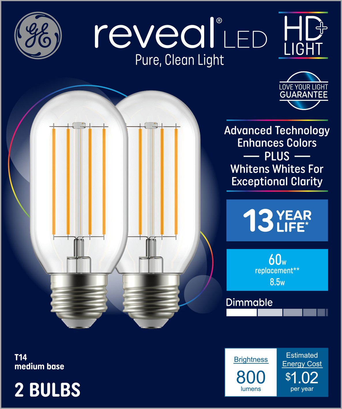 slide 1 of 6, GE Reveal HD 60 -Watt EQ T14 Color-enhancing Medium base (E-26) Dimmable LED Decorative Light Bulb 2 -Pack, 1 ct