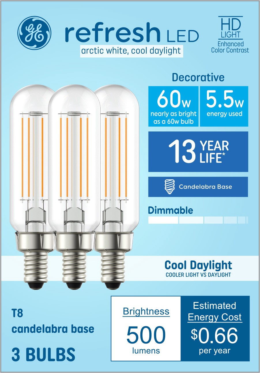 slide 1 of 6, GE Refresh HD 60 -Watt EQ T8 Cool daylight Dimmable LED Decorative Light Bulb 3 -Pack, 1 ct