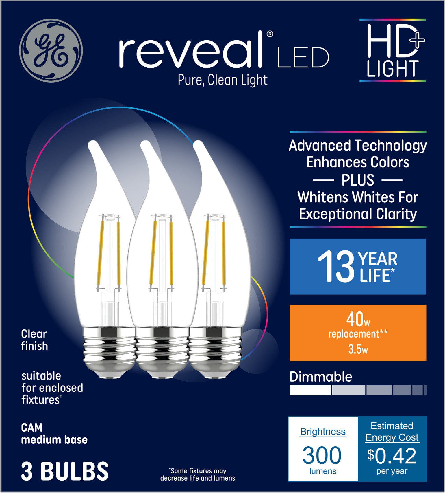 slide 1 of 6, GE 40 -Watt EQ CAM Color-enhancing Medium base (E-26) Dimmable LED Decorative Light Bulb 3 -Pack, 1 ct