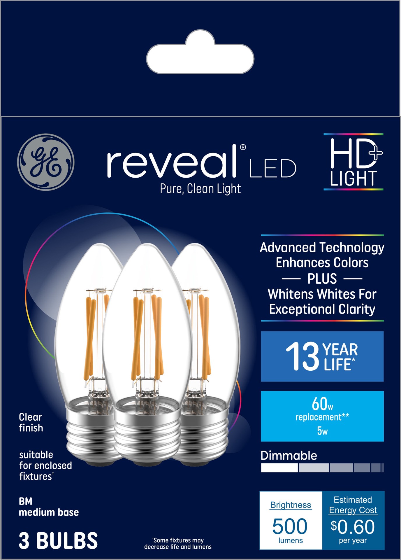 slide 1 of 6, GE 60 -Watt EQ B11 Color-enhancing Medium base (E-26) Dimmable LED General purpose Light Bulb 3 -Pack, 1 ct