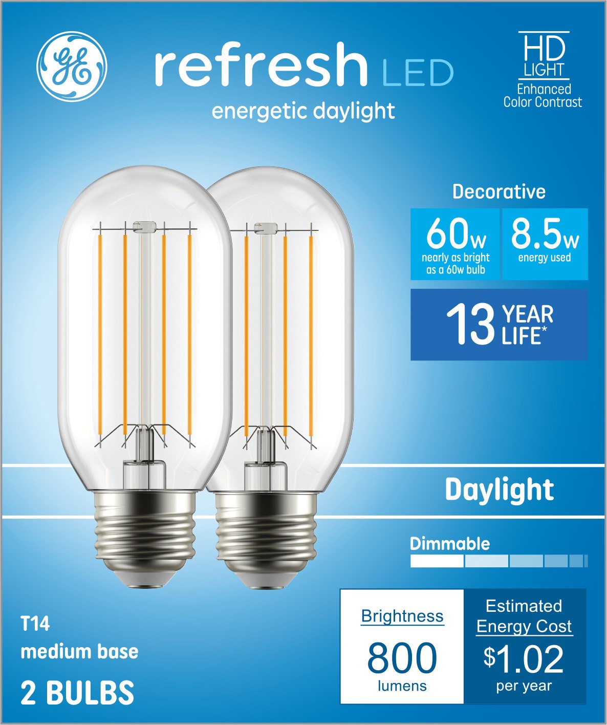 slide 1 of 6, GE Refresh HD 60 -Watt EQ T14 Daylight Medium base (E-26) Dimmable LED Decorative Light Bulb 2 -Pack, 1 ct