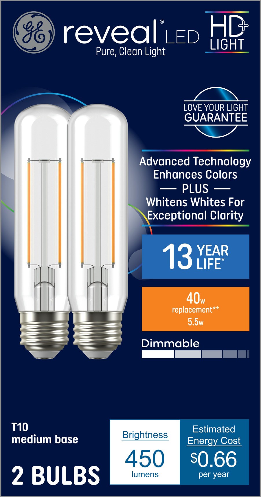 slide 1 of 6, GE 40 -Watt EQ T10 Color-enhancing Medium base (E-26) Dimmable LED Decorative Light Bulb 2 -Pack, 1 ct