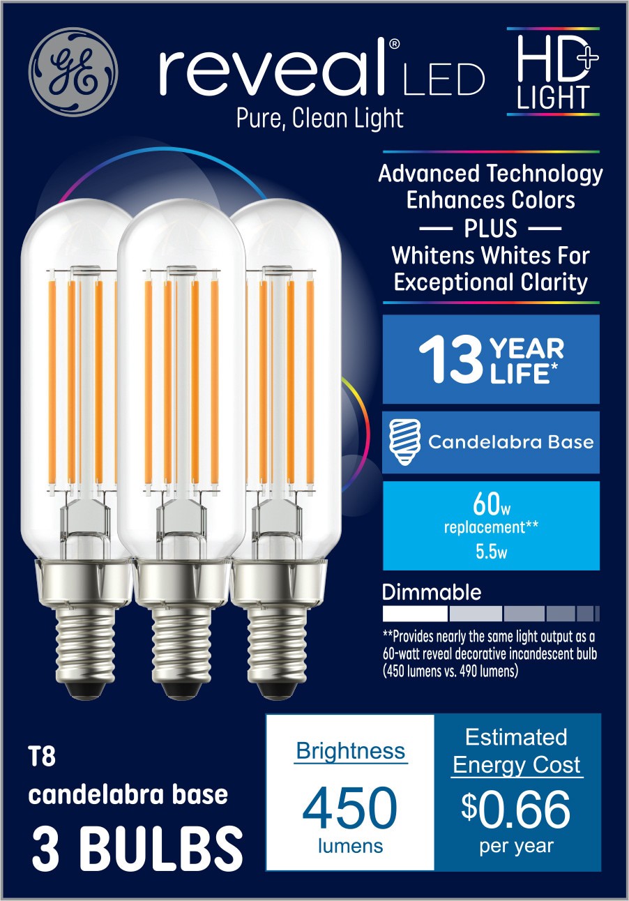 slide 1 of 6, GE 60 -Watt EQ T8 Color-enhancing Candelabra base (E-12) Dimmable LED Decorative Light Bulb 3 -Pack, 1 ct