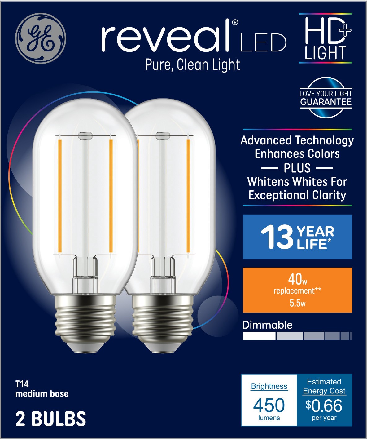 slide 1 of 6, GE 40 -Watt EQ T14 Color-enhancing Medium base (E-26) Dimmable LED Decorative Light Bulb 2 -Pack, 1 ct