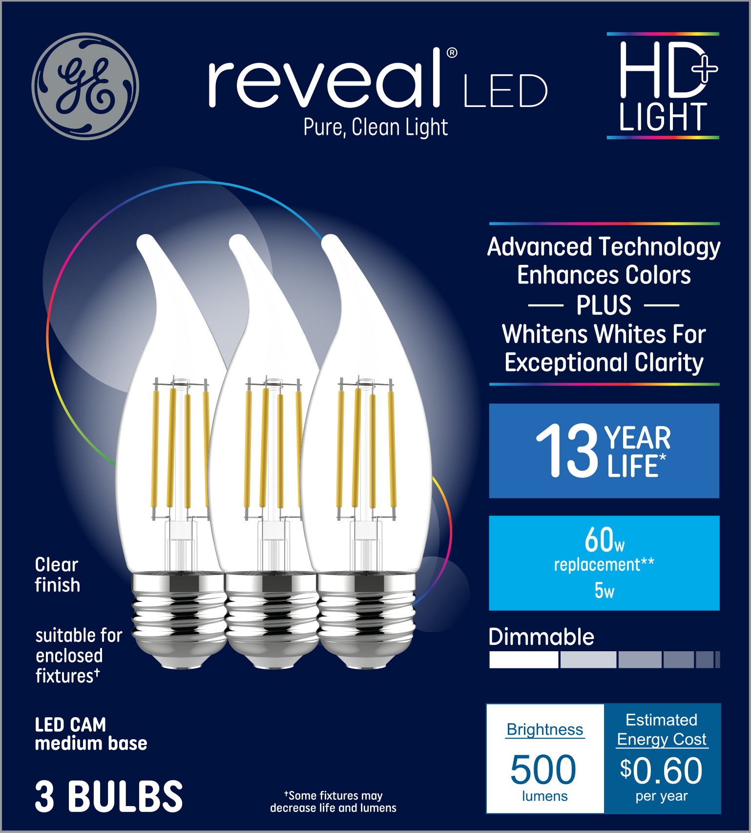 slide 1 of 6, GE 60 -Watt EQ CA11 Color-enhancing Medium base (E-26) Dimmable LED Decorative Light Bulb 3 -Pack, 1 ct
