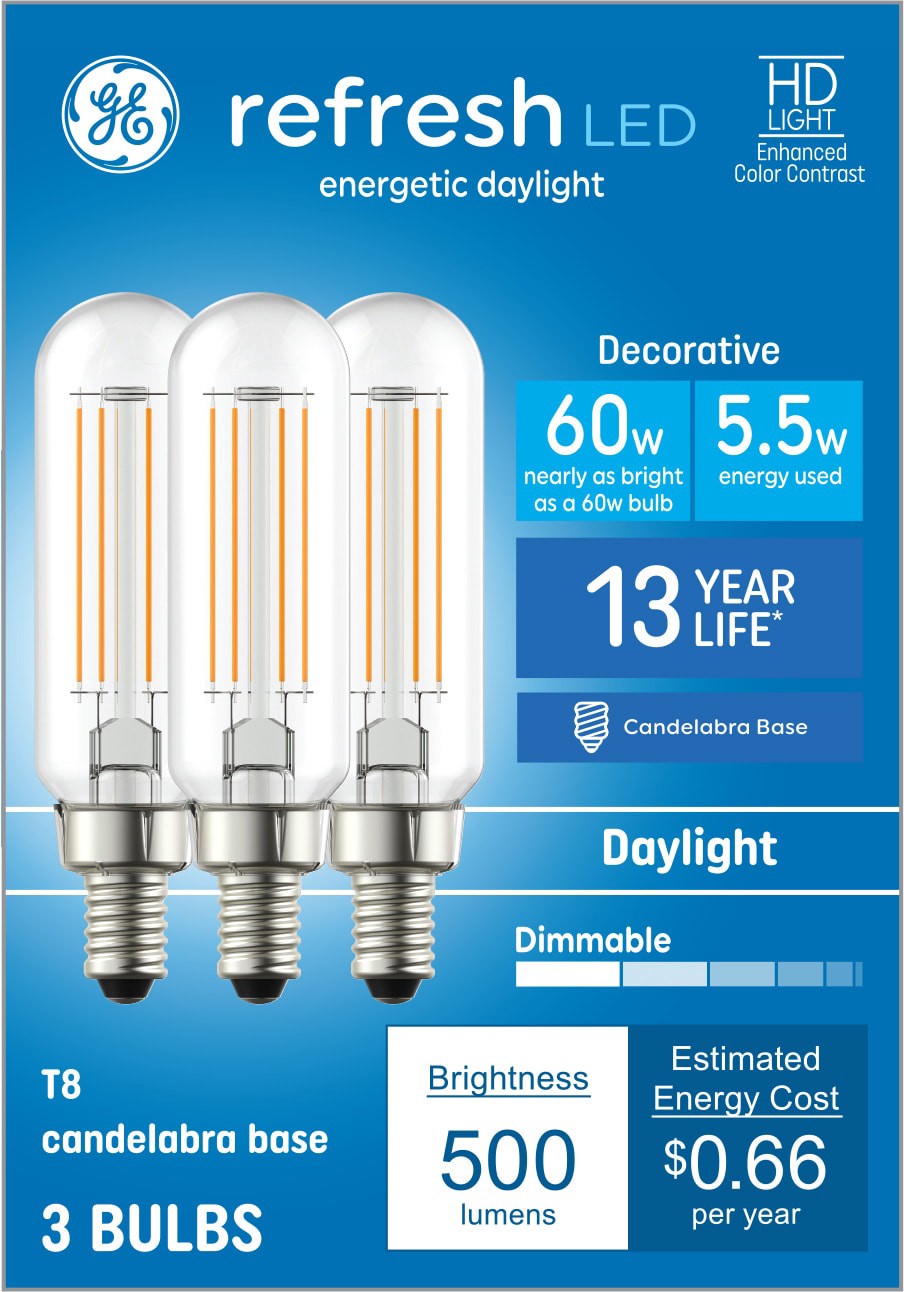 slide 1 of 6, GE Refresh HD 60 -Watt EQ T8 Daylight Candelabra base (E-12) Dimmable LED Decorative Light Bulb 3 -Pack, 1 ct