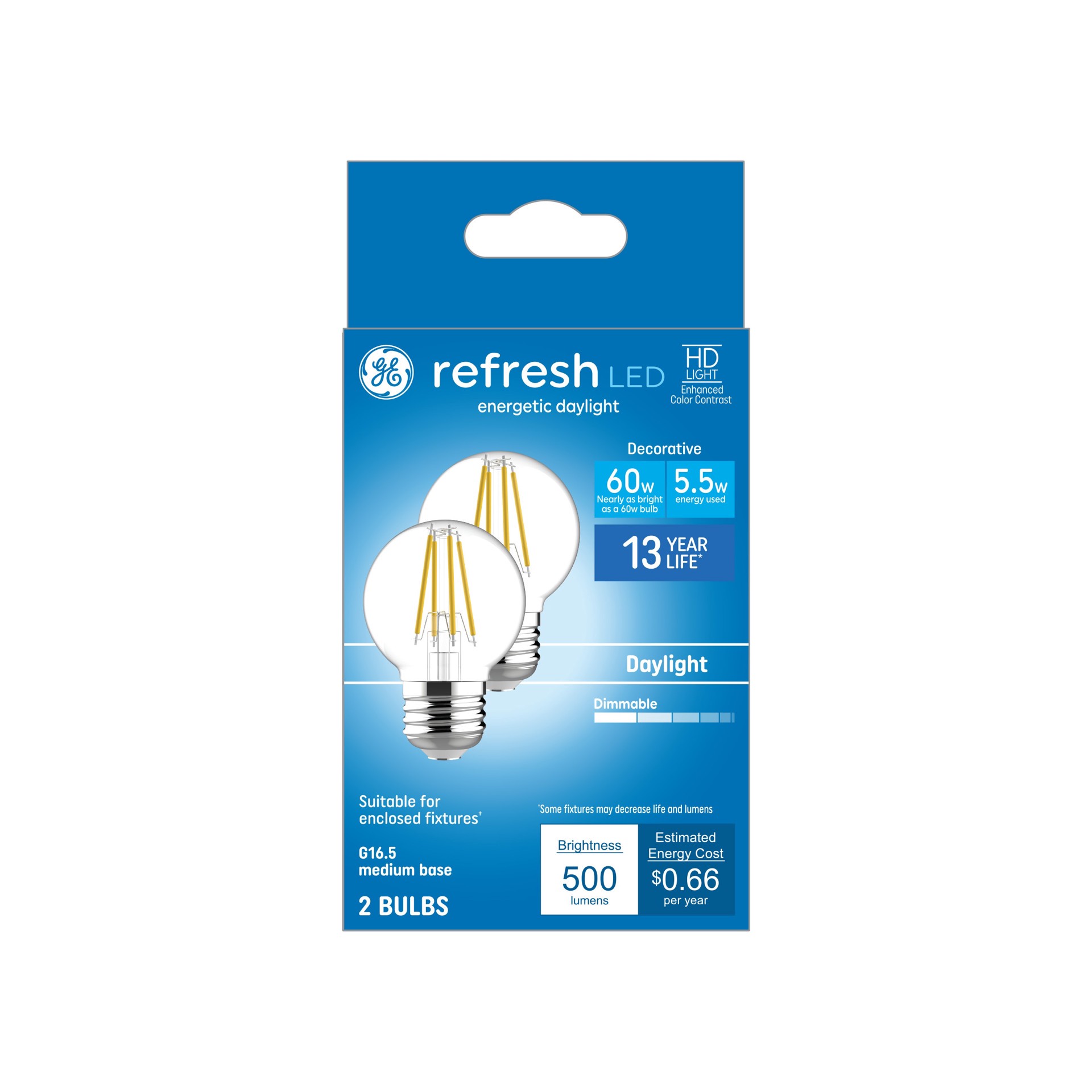 slide 4 of 6, GE 60 -Watt EQ G16.5 Daylight Medium base (E-26) Dimmable LED Decorative Light Bulb 2 -Pack, 1 ct