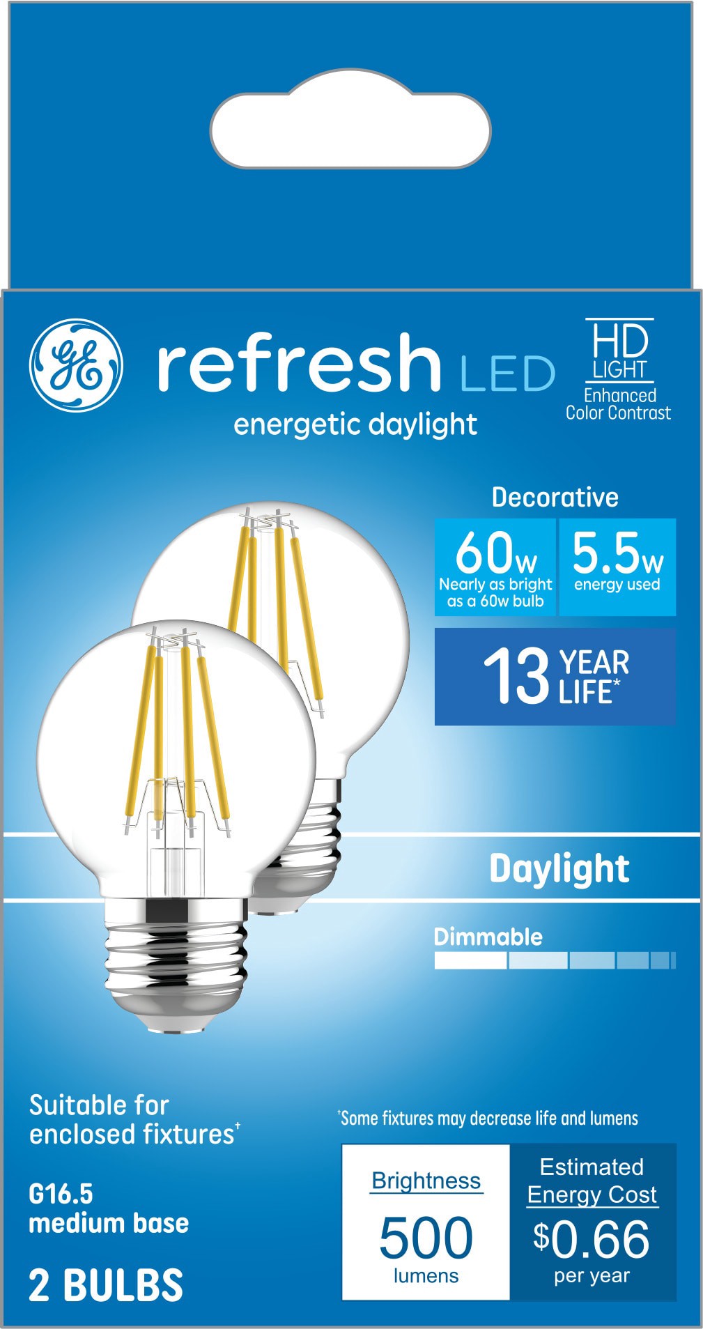 slide 1 of 6, GE 60 -Watt EQ G16.5 Daylight Medium base (E-26) Dimmable LED Decorative Light Bulb 2 -Pack, 1 ct