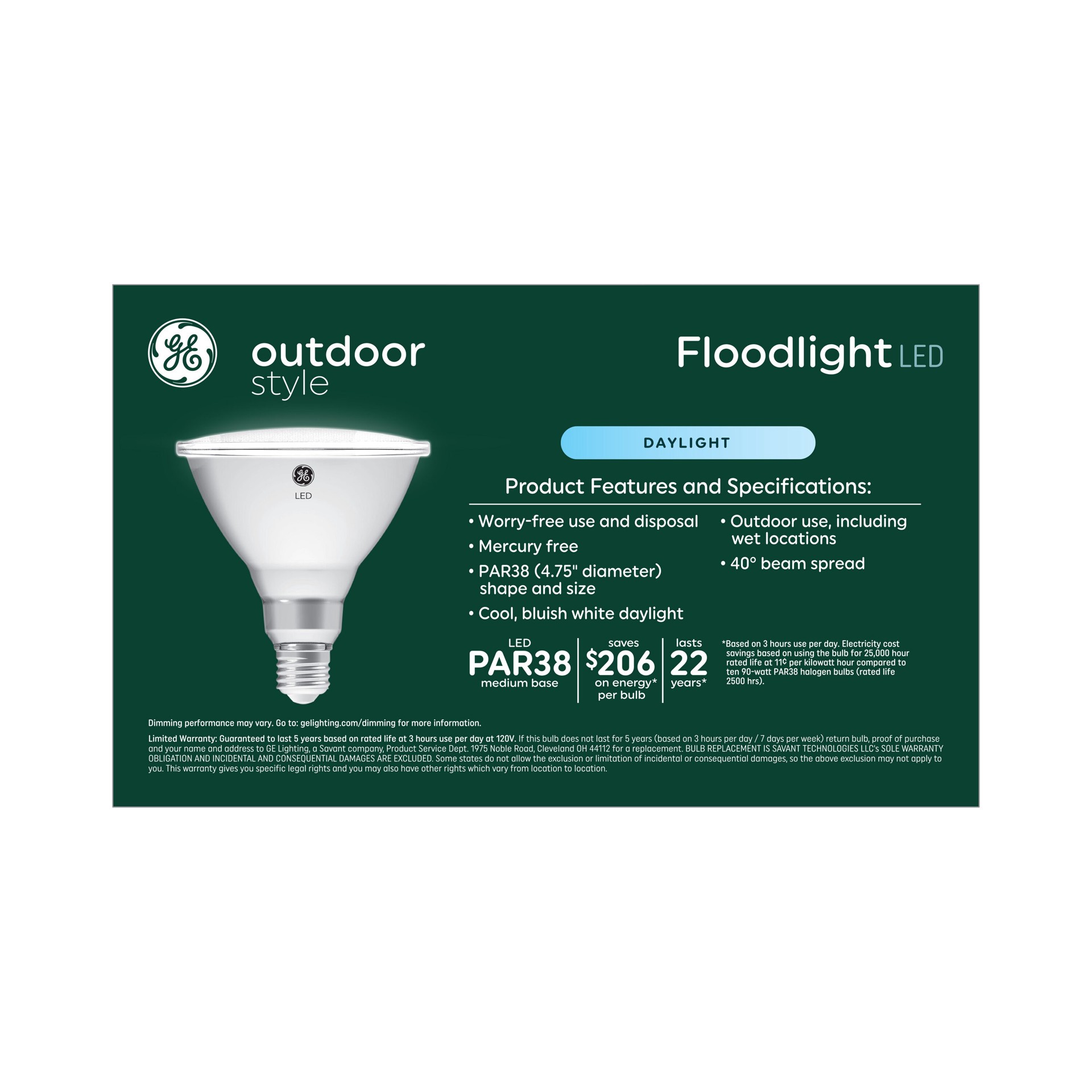 slide 5 of 6, GE Outdoor Style 90 -Watt EQ PAR38 Daylight Medium base (E-26) Dimmable LED Spot Flood Light Bulb 4 -Pack, 1 ct