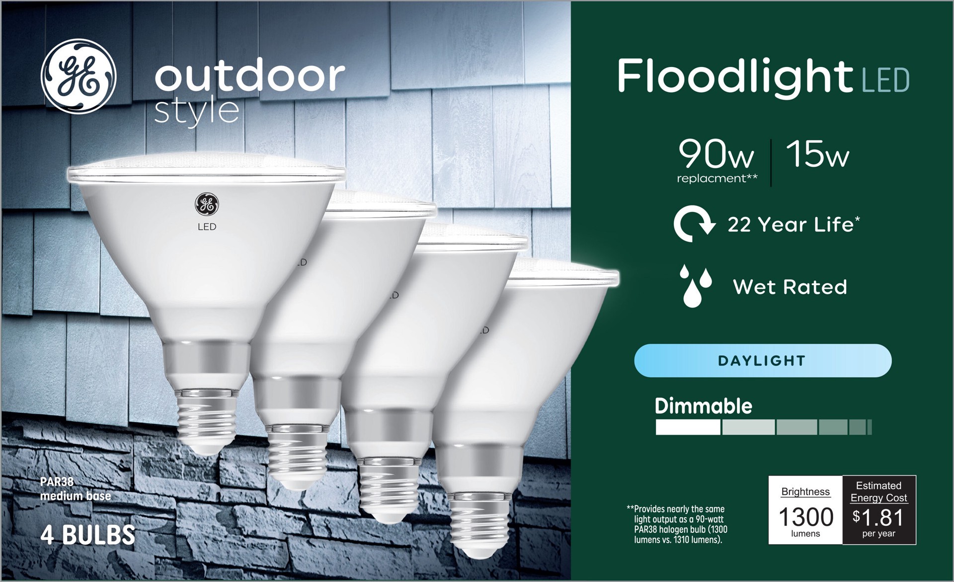 slide 1 of 6, GE Outdoor Style 90 -Watt EQ PAR38 Daylight Medium base (E-26) Dimmable LED Spot Flood Light Bulb 4 -Pack, 1 ct