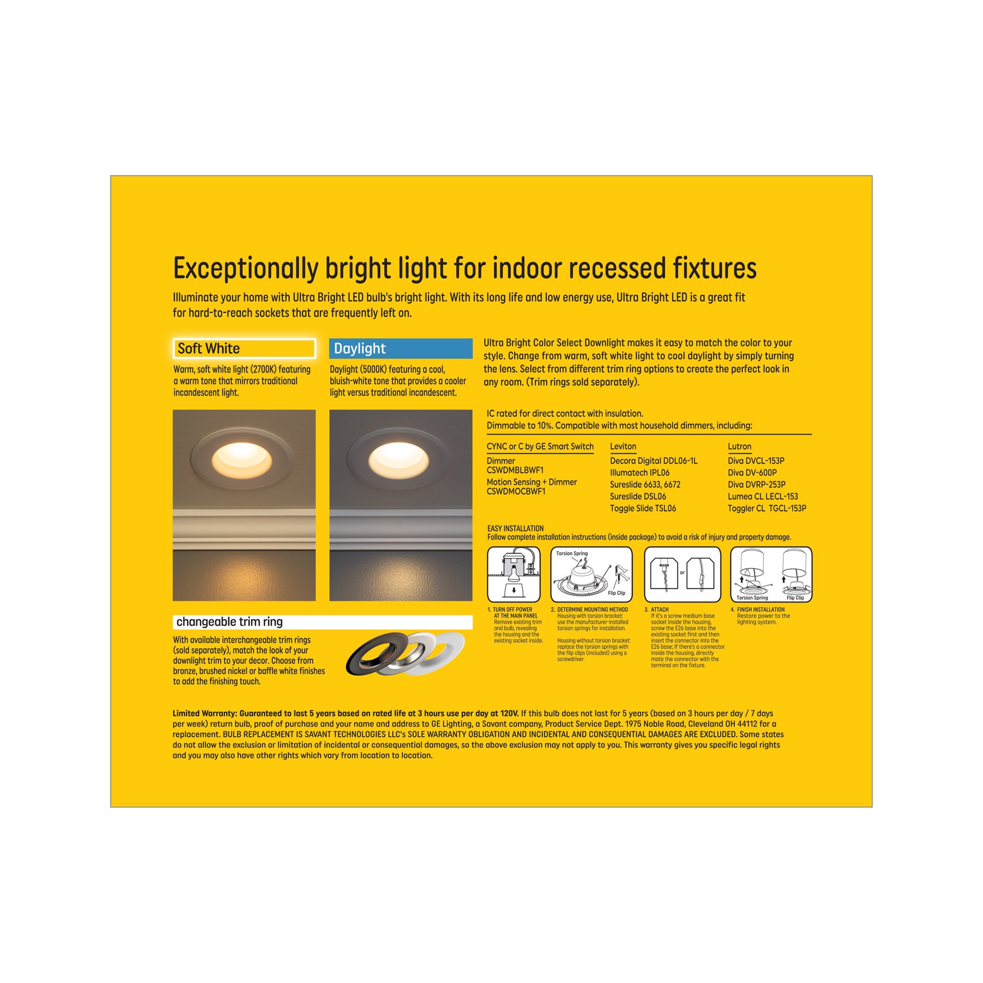 slide 3 of 6, GE Ultra Bright White 5-in or 6-in 2200 -Lumens Switchable white Round Dimmable LED Damp rated Recessed Downlight 3 -Pack, 1 ct