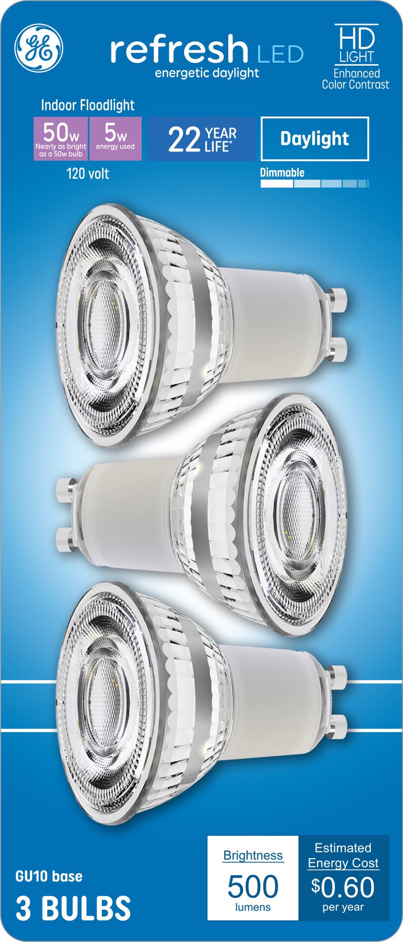 slide 1 of 6, GE Refresh HD 50 -Watt EQ MR16 Daylight GU10 pin base Dimmable LED Spot Flood Light Bulb 3 -Pack, 1 ct