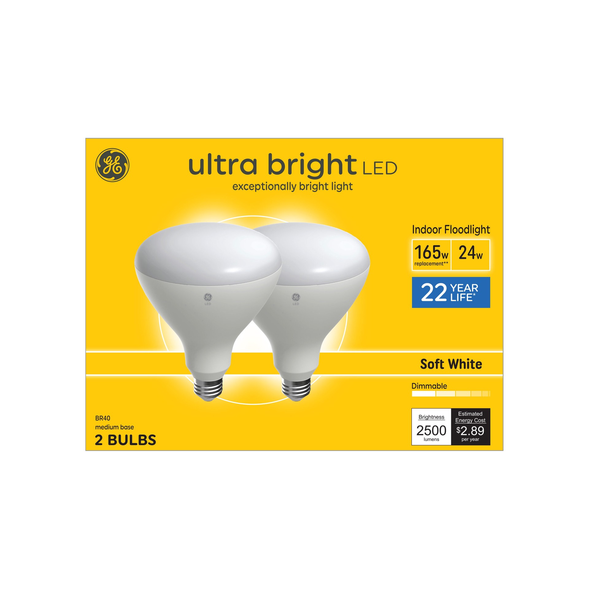 slide 4 of 6, GE Ultra Bright 165 -Watt EQ BR40 Soft white Medium base (E-26) Dimmable LED Spot Flood Light Bulb 2 -Pack, 1 ct