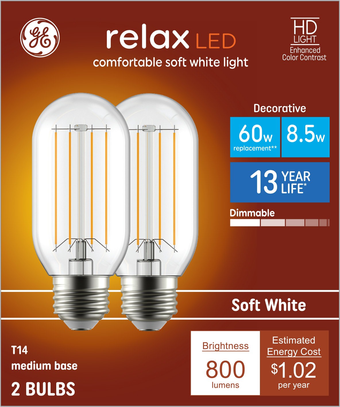 slide 1 of 6, GE 60 -Watt EQ T14 Soft white Medium base (E-26) Dimmable LED Decorative Light Bulb 2 -Pack, 1 ct