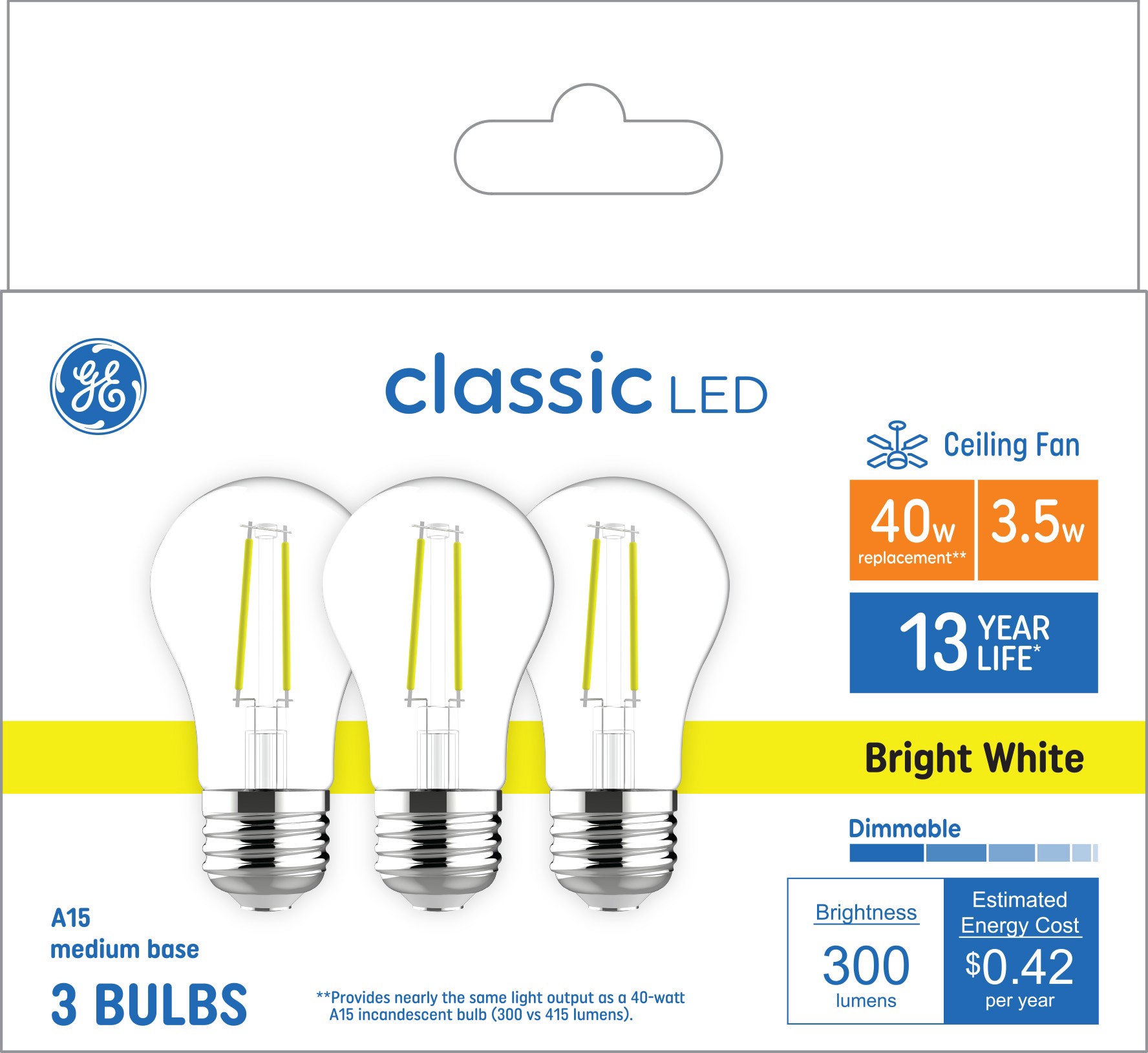 slide 1 of 6, GE 40 -Watt EQ A15 Bright white Medium base (E-26) Dimmable LED General purpose Light Bulb 3 -Pack, 1 ct