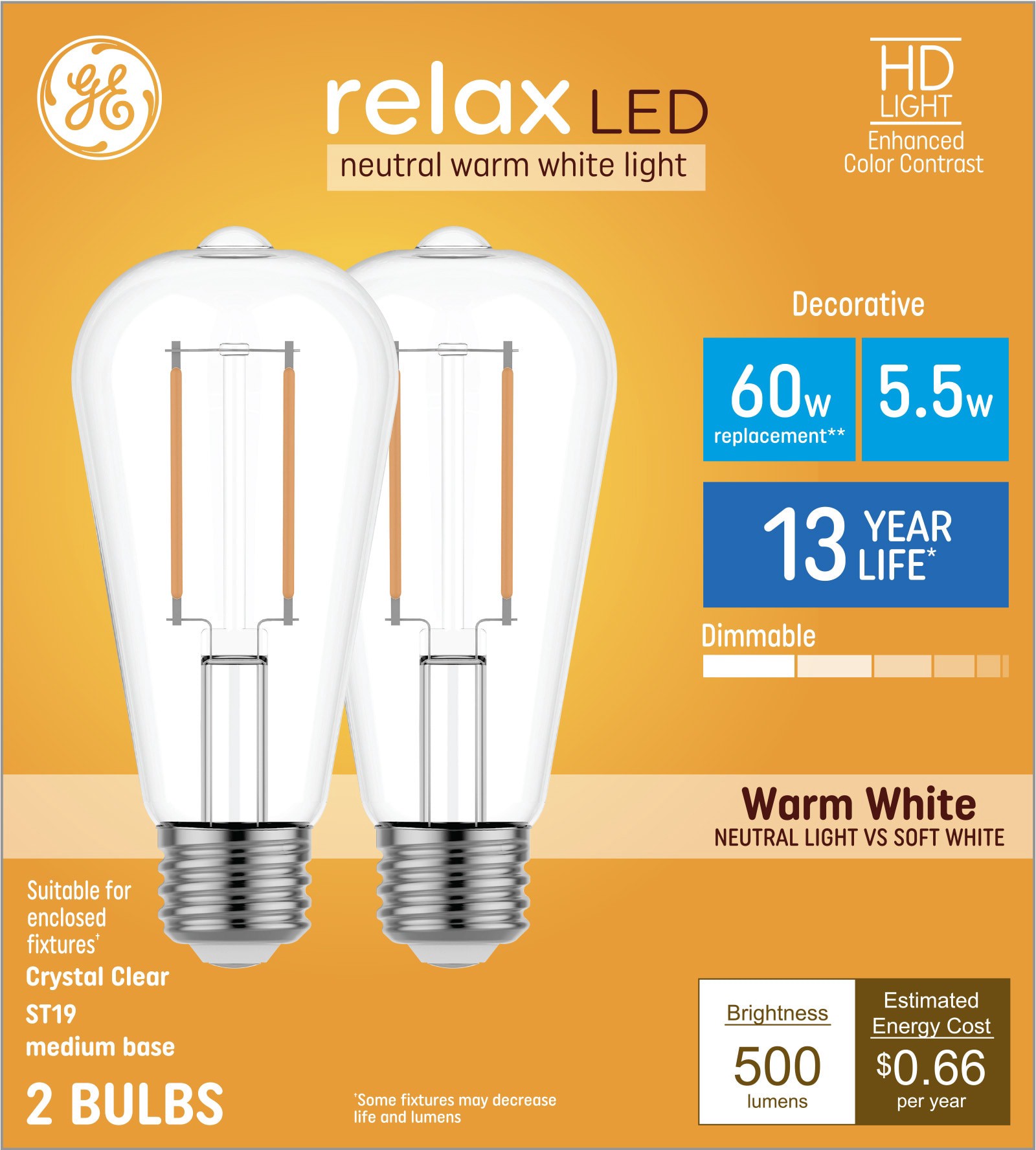 slide 1 of 6, GE 60 -Watt EQ ST19 Warm white Medium base (E-26) Dimmable LED Decorative Light Bulb 2 -Pack, 1 ct