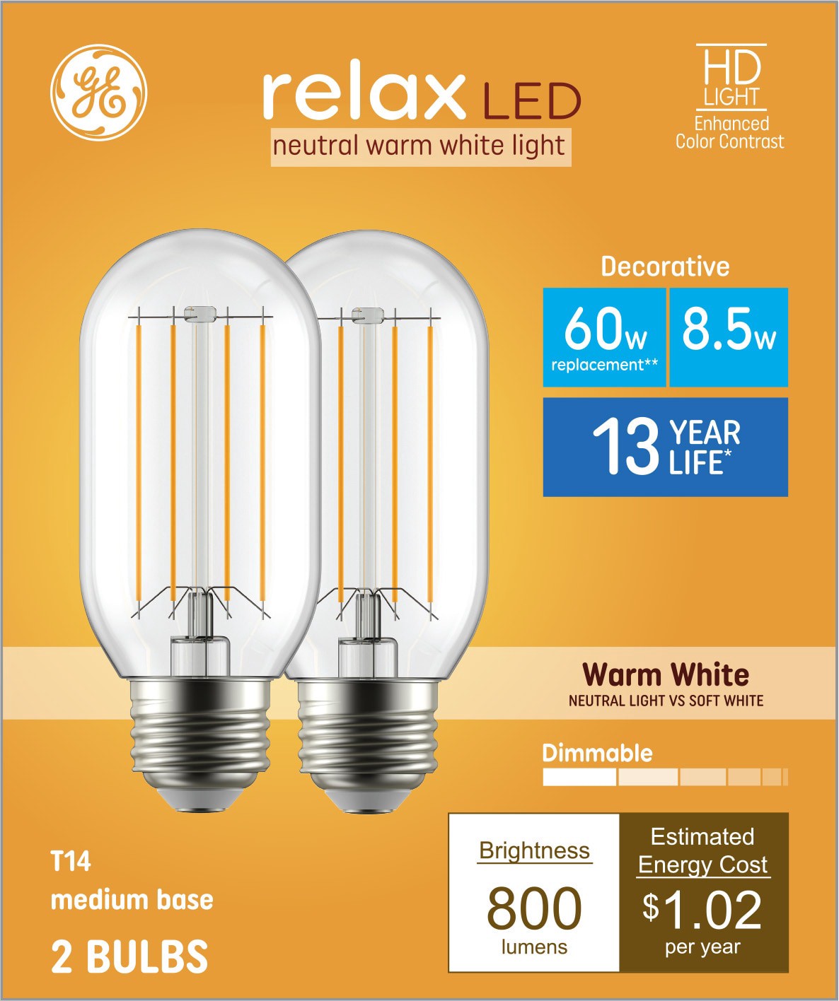 slide 1 of 6, GE 60 -Watt EQ T14 Warm white Medium base (E-26) Dimmable LED General purpose Light Bulb 2 -Pack, 1 ct