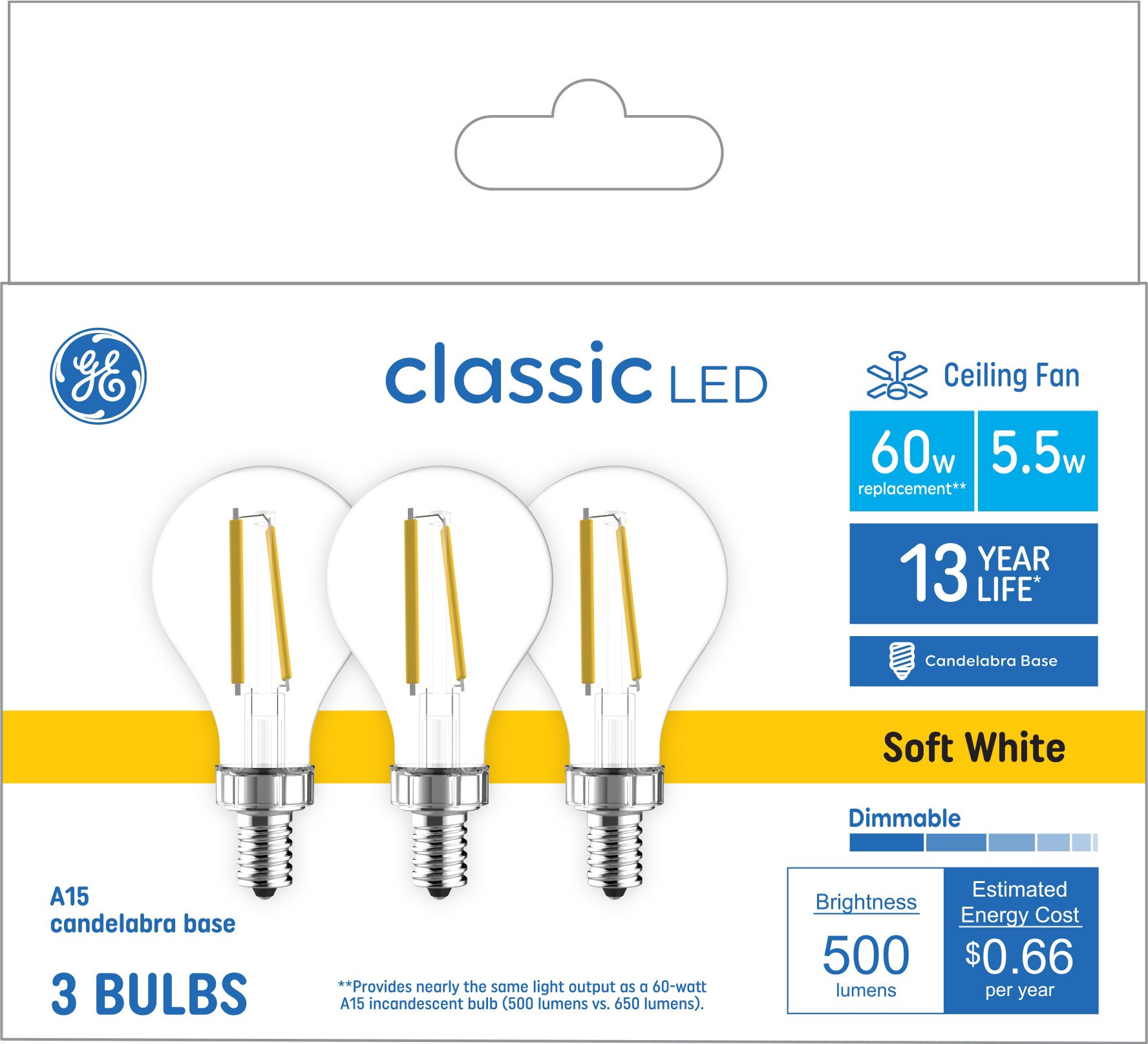 slide 1 of 6, GE Classic 60 -Watt EQ A15 Soft white Candelabra base (E-12) Dimmable LED General purpose Light Bulb 3 -Pack, 1 ct