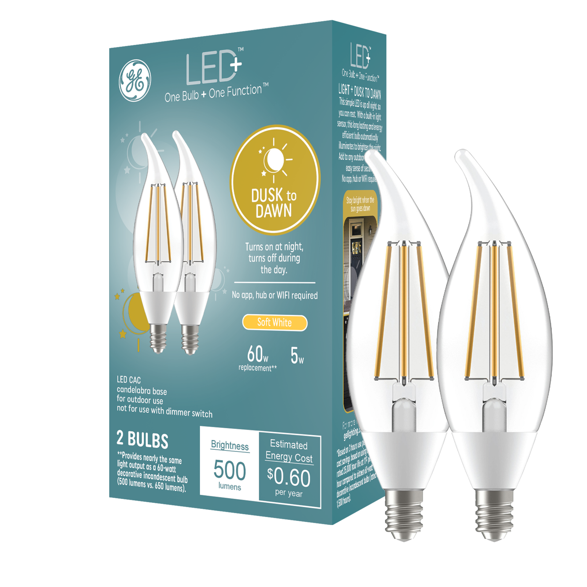 slide 1 of 6, GE LED+ Dusk to Dawn 60 -Watt EQ CAC Soft white Candelabra screw base E12 LED Decorative Light Bulb 2 -Pack, 1 ct
