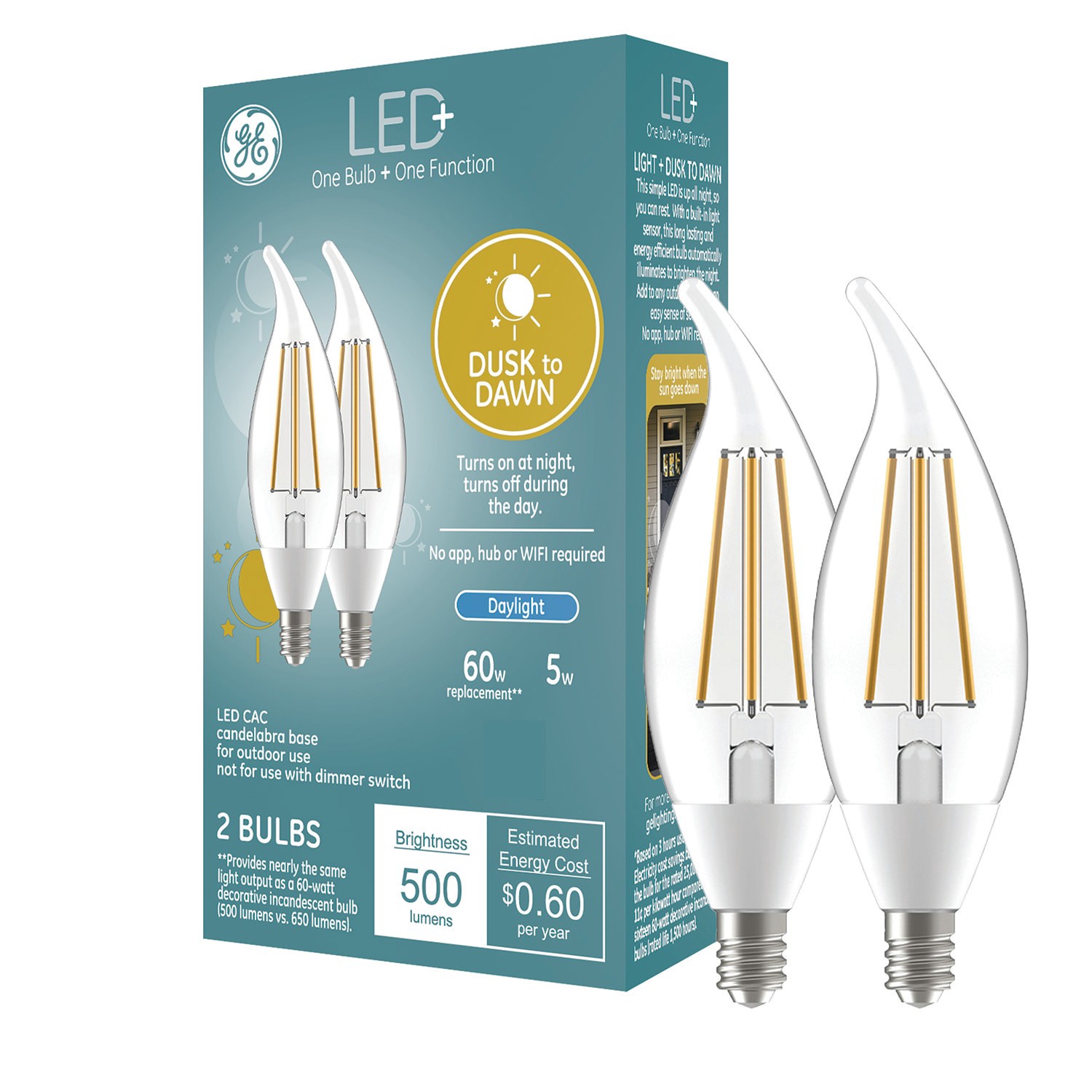 slide 1 of 6, GE LED+ Dusk to Dawn 60 -Watt EQ CA11 Daylight Candelabra base (E-12) LED Decorative Light Bulb 2 -Pack, 1 ct