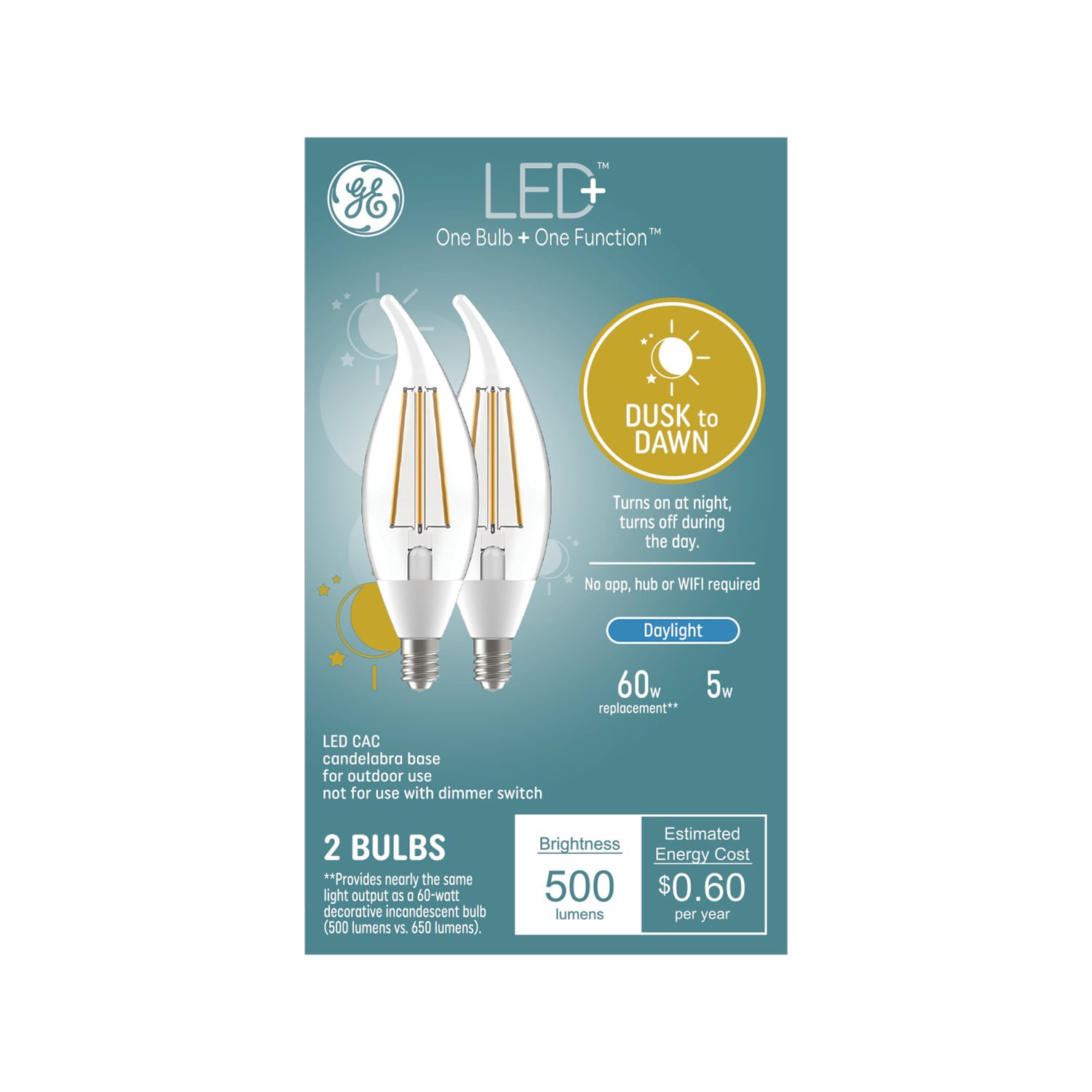 slide 4 of 6, GE LED+ Dusk to Dawn 60 -Watt EQ CA11 Daylight Candelabra base (E-12) LED Decorative Light Bulb 2 -Pack, 1 ct