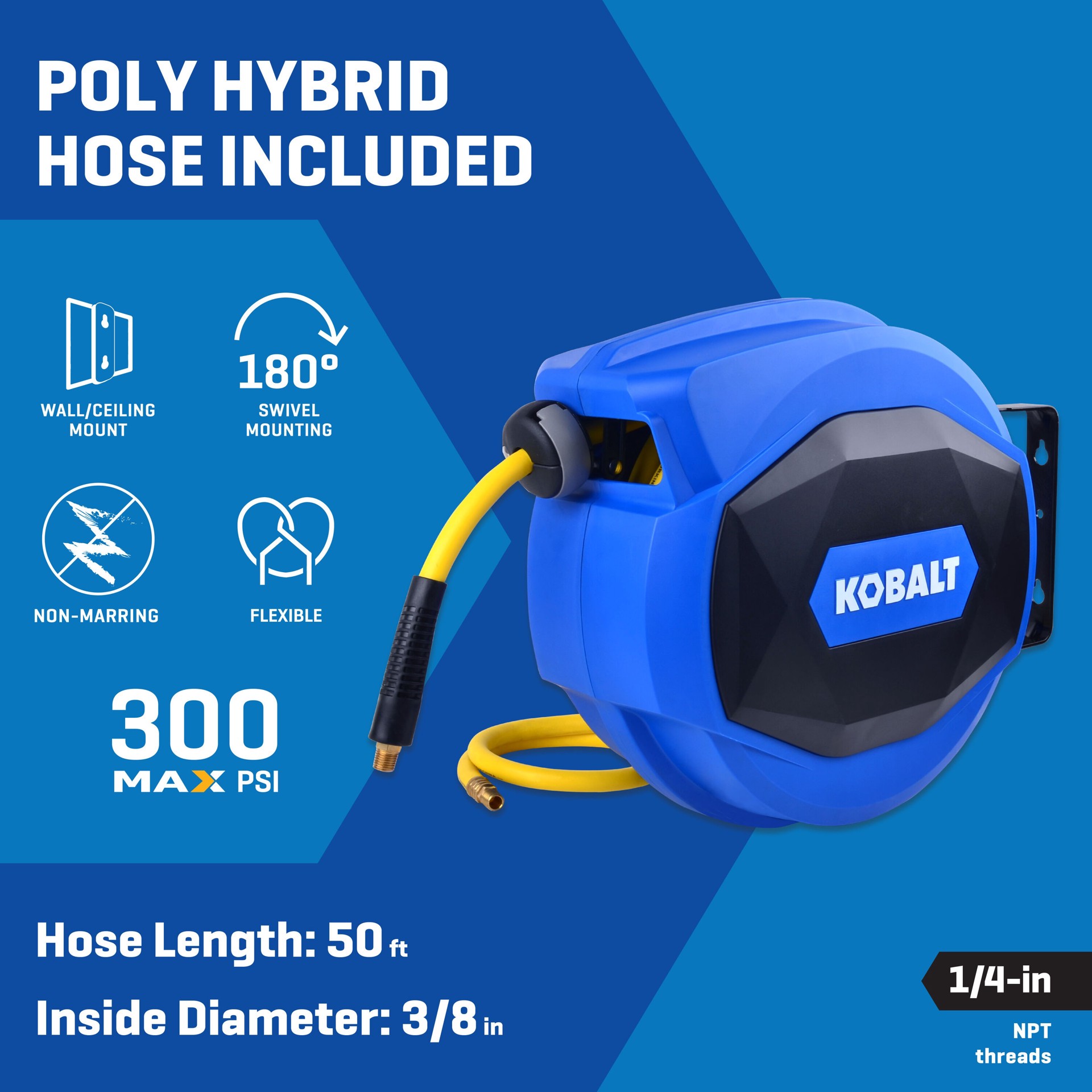 slide 2 of 6, Kobalt Enclosed Retractable Reel w/3/8-in X 50-Ft Poly Hybrid Hose, 1 ct