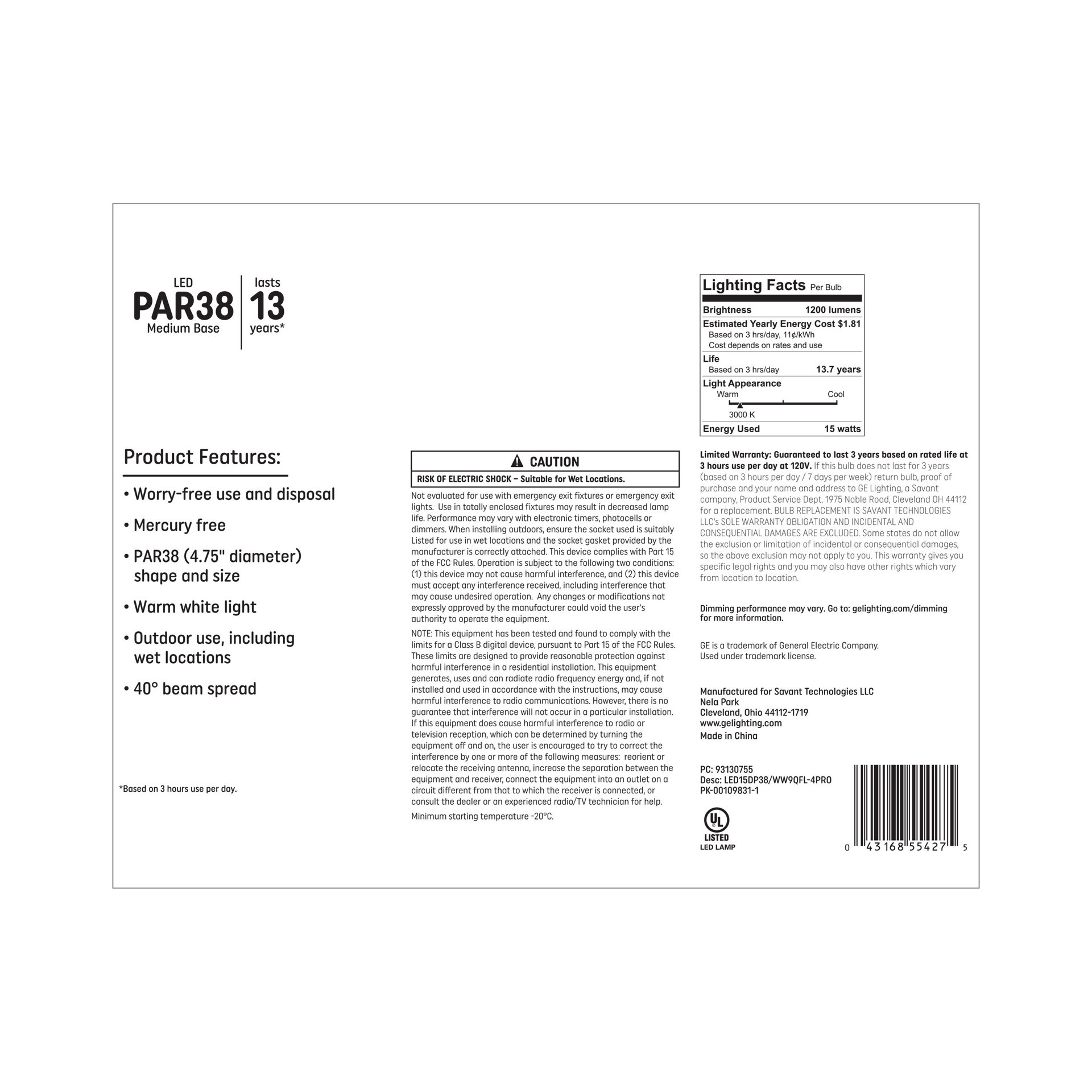 slide 5 of 6, GE 90 -Watt EQ PAR38 Warm white Medium base (E-26) Dimmable LED Spot Flood Light Bulb 4 -Pack, 1 ct