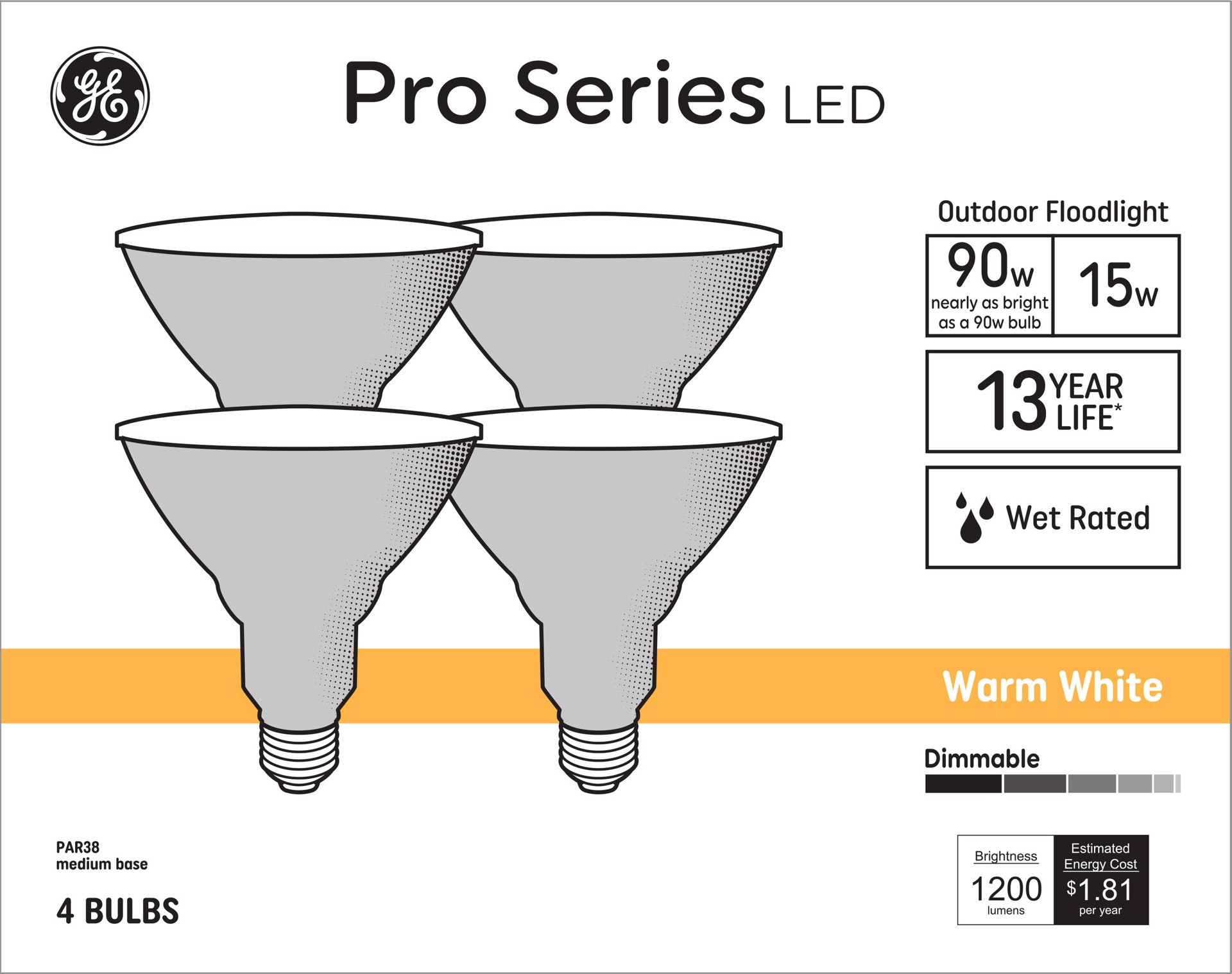 slide 1 of 6, GE 90 -Watt EQ PAR38 Warm white Medium base (E-26) Dimmable LED Spot Flood Light Bulb 4 -Pack, 1 ct