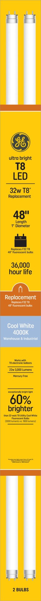 slide 1 of 6, GE 32 -Watt EQ T8 Cool white G13 LED Tube Light Bulb 2 -Pack, 1 ct