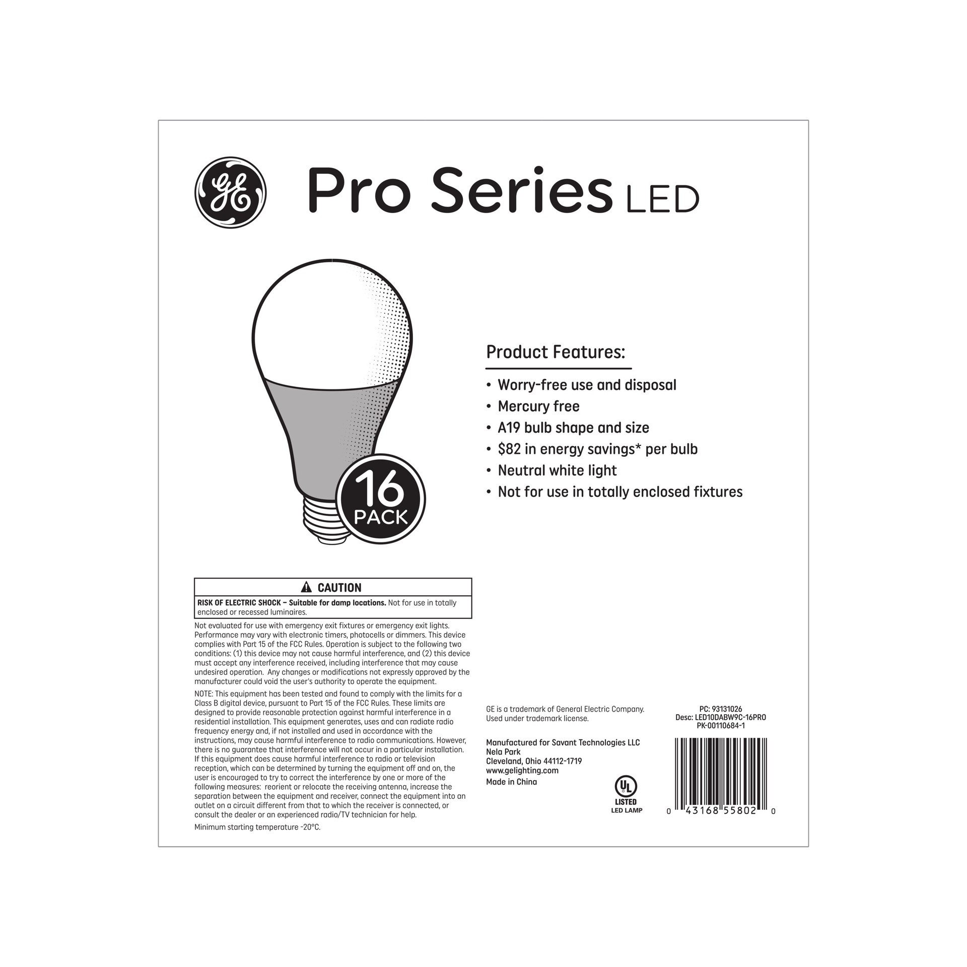 slide 4 of 6, GE Pro Series 60 -Watt EQ A19 Bright white Medium screw base Dimmable LED General purpose Light Bulb 16 -Pack, 1 ct