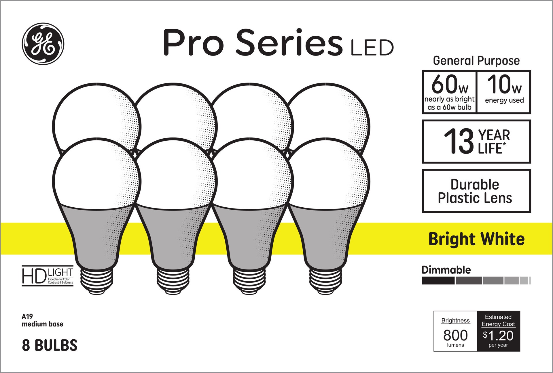 slide 1 of 6, GE 60 -Watt EQ A19 Bright white Medium base (E-26) Dimmable LED General purpose Light Bulb 8 -Pack, 1 ct